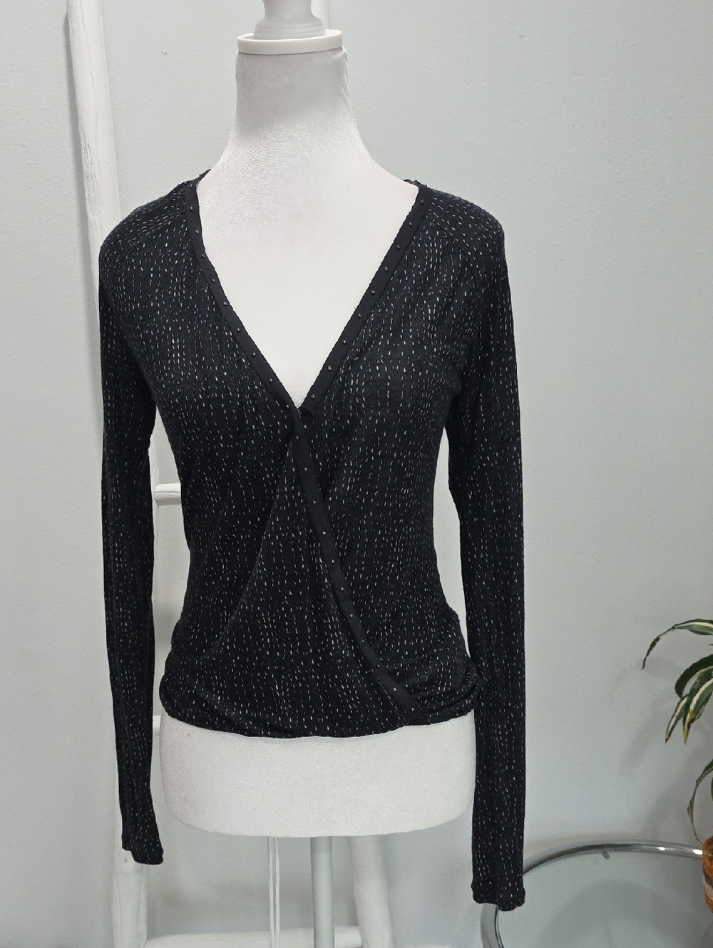 Black Draped Wrap V-Neck Long Sleeve Top With Meral Studs